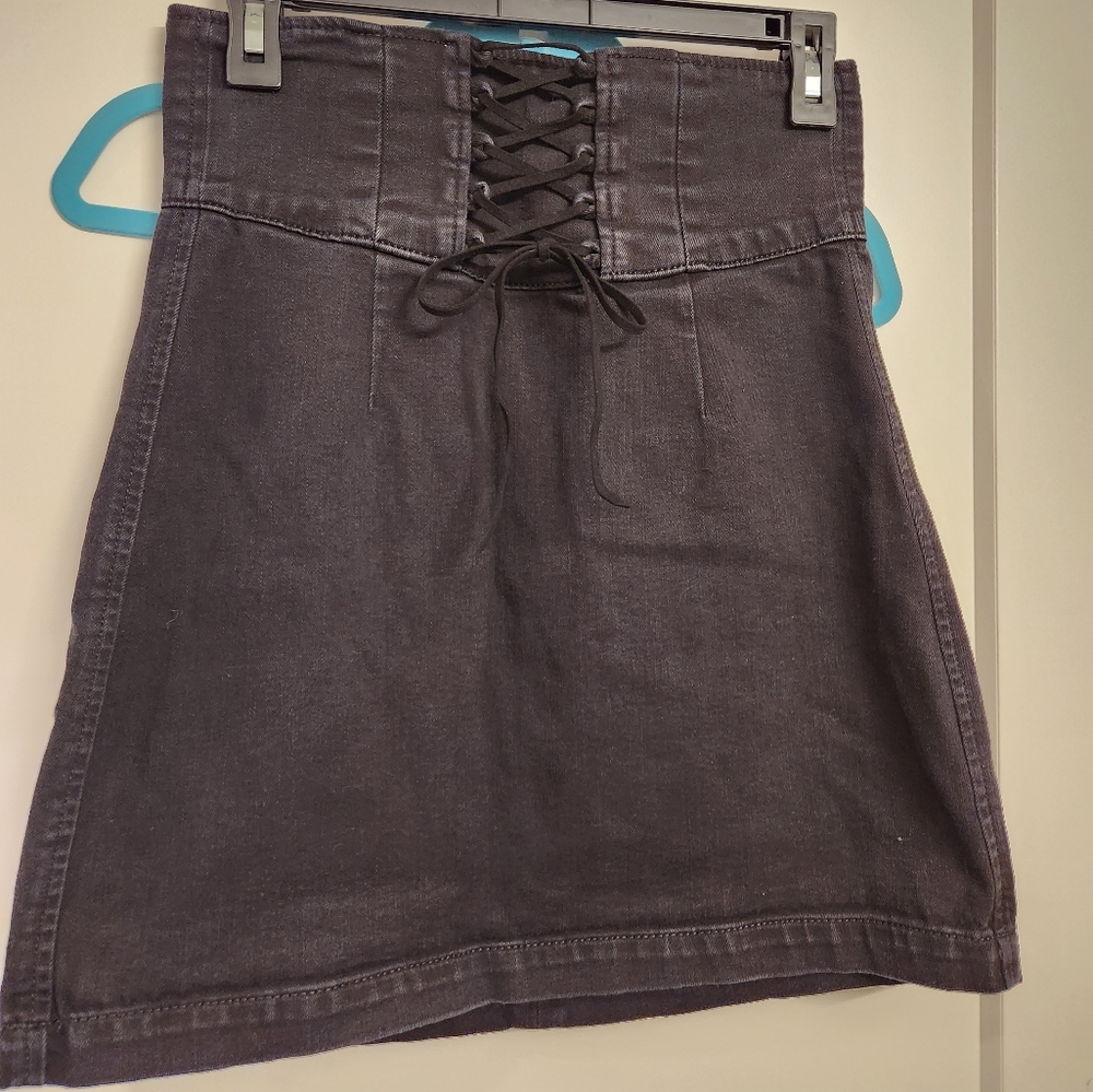 Distressed Express Midi Denim Jean High Waist Lace Up Skirt